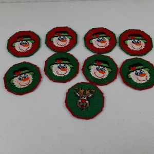 Vintage Handmade Needlepoint Canvas Christmas Coasters with Holder 9 Pc Snowmen - Picture 1 of 18
