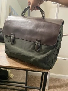 Prada Brown Leather Green Nylon Thick Briefcase Travel Luggage Bag, V Good Cond - Picture 1 of 24
