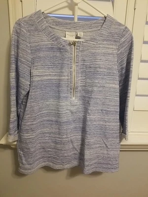 Top Weekends by Chico's para mujer talla 1 EE. UU. M 8 azul parte cremalleras mangas 3/4 algodón  Foto 1 de 2