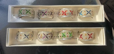 NEW Pier One Imports Napkin Rings Multicolor Jeweled (2) Sets Of 4 Silverplate - Image 1 of 4