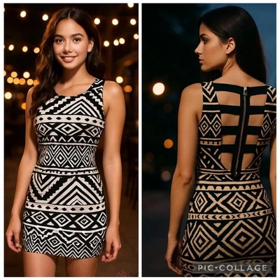 Vestido ceñido al cuerpo geométrico blanco y negro talla M escalera abierta cremallera trasera en muy buen estado Foto 1 de 4