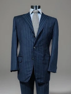 Mens 42R Suit Dormeuil Wool Tailored Made in England Blue Pinstripe Formal - Picture 1 of 13