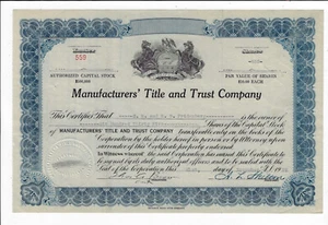 PENNSYLVANIA 1929 Manufacturers' Title & Trust Company Stock Certificate - Picture 1 of 2