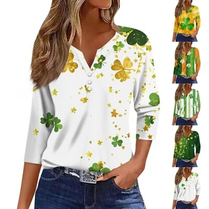 Women's T Shirt Tee Print Button 3/4 Sleeve Daily Weekend Fashion Basic V Neck - Picture 1 of 30