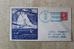 USS MONAGHAN NAVAL COVER COMMISSIONED APR 19, 1935 -SUNK WWII 1944 MANLEY CANCEL - Picture 1 of 2
