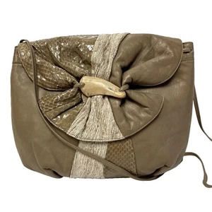 Vtg 80’s Morris Moskowitz Beige Leather Bag SNAKESKIN Bone Toggle POP ART Purse - Picture 1 of 14