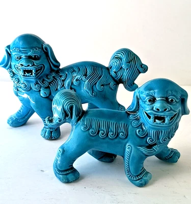 Antique Chinese Turquoise Blue Glazed Pottery Foo Dogs Pair - Image 1 of 4