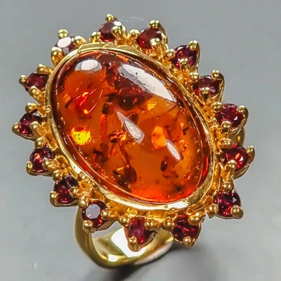 Anillo ámbar natural de 8 quilates de plata de ley 925 talla 7,5/R444490 Foto 1 de 4