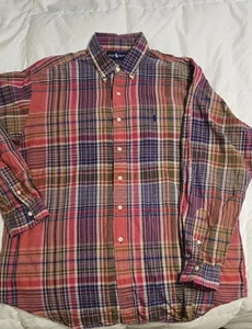 Vtg Ralph Lauren Red Blue Madras Plaid Button Shirt Mens L Preppycore Old Money - Picture 1 of 2