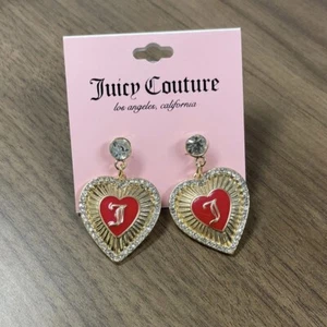Juicy Couture Gold Tone Red Enamel Heart With J Drop Earrings NWT - Picture 1 of 2