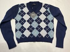 Zaful Women’s Argyle  MV Neck Cropped Sweater Long Sleeve Plaid Blue Medium