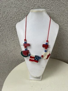 Vtg Funky Necklace  patrotic USA Theme kitsch Wood Beads handmade - Picture 1 of 8