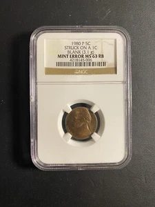 1980-P 5c Jefferson Nickel Struck on Cent Planchet NGC MS63 RB Mint Error - Picture 1 of 2