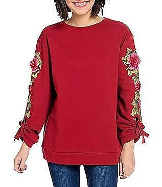 NUEVO OSO Casuals® Suéter Tejido Manga Larga Ojal Detallado Aplicaciones Florales 1X Foto 1 de 1