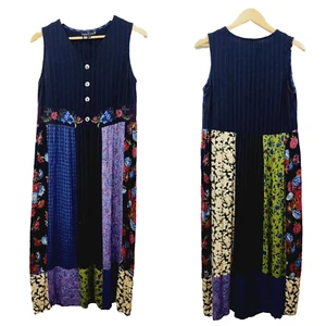 Carole Little Art-to-Wear Tank Dress Lagenlook Patchwork Maxi Rayon Womens 8 - Picture 1 of 18