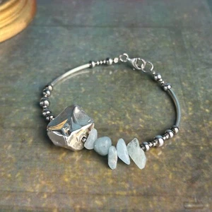 Handwerklich gefertigtes STERLING SILBER 925 Perlen Armband Aquamarin Edelstein Kunst 2 Gebrauchsspuren - Bild 1 von 12