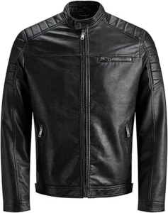 Men's Leather Jacket, Jack & Jones Biker Multi Pocket Men Leather Jacket Outdoor - Picture 1 of 7