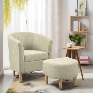 Modern Accent Armchair Linen Fabric Single Sofa Chair With Ottoman Foot Rest - Picture 1 of 11