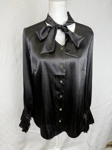 Camisa Anne Klein Cuello Corbata Negra Sedosa Manga Bishop Botones Dorados Talla L - Imagen 1 de 14