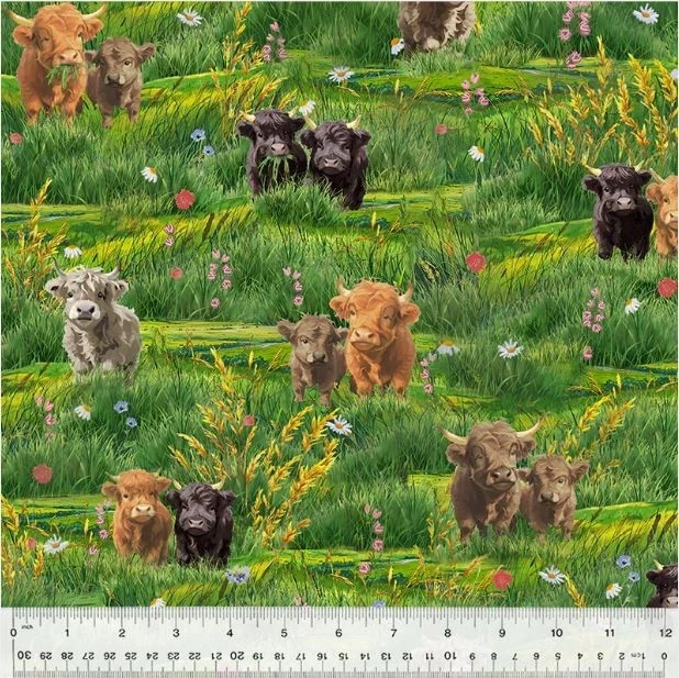 WINDHAM FABRICS Cotton Highland Hooves Cows Grass Pastures Green Fabric Print by Yard D371.74