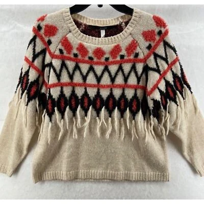 Suéter Kensie Mujer Talla M Beige Borlas Naranja Azteca Suroeste Mangas Largas Foto 1 de 4