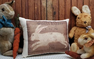 PRIMITIVE VINTAGE VICTORIAN FOLK 1784 STYLE WHITE RABBIT INN BUNNY EASTER PILLOW - Picture 1 of 9