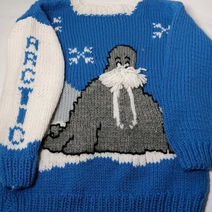 Hand Knit Sweater Kids Seal Arctic Igloo Blue White Winter Ice Snow READ #2 - Picture 1 of 16