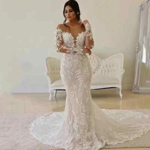 Elegant Mermaid Wedding Dresses Scoop Neck Applique Backless Lace Bridal Gowns - Picture 1 of 6