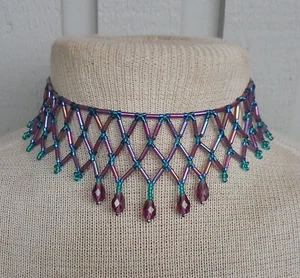 Netted Weave Adjustable Beaded Choker Necklace in Purple, Blue, Teal Green - Picture 1 of 7