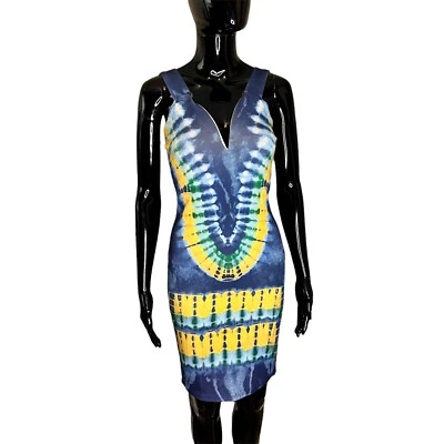 African Women Dashiki Blue and Yellow Stretchy Dress - Image 1 of 4