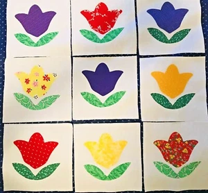 Quilt Top Blöcke 6 Zoll Quadrat Tulpen Baumwollstoff hausgemachte Applikation Menge 9 - Bild 1 von 3