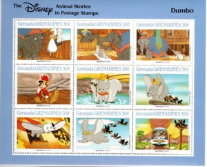 Historias de animales de Disney en estampillas postales: Dumbo 9 estampillas granadinas - Imagen 1 de 2