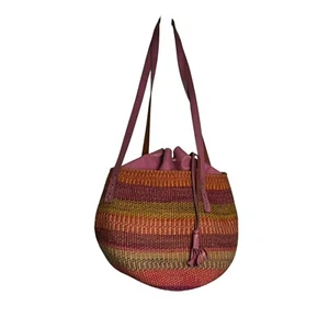 Vintage Woven Sisal Market Basket Tote Bag Leather Drawstring Closure Raffia - Picture 1 of 17