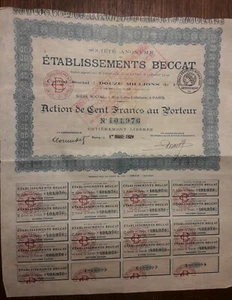 ACTION CENT FRANCS 1921 ÉTABLISSEMENTS BECCAT (AVEC COUPONS). - Imagen 1 de 1