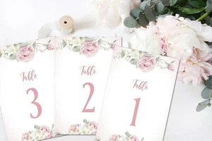 Blush Rose Floral Table Number Cards, Wedding Birthday Christening Baby Shower - Picture 1 of 3