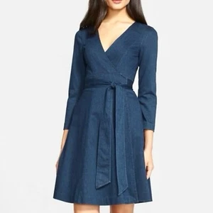 Diane Von Furstenberg Stretch Denim Solid Blue Christa A-Line Wrap Dress Size 8 - Picture 1 of 8