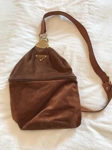 Vintage Brown Suede Leather Sling Backpack Gold Hardware Adjustable Zip Pocket - Picture 1 of 13