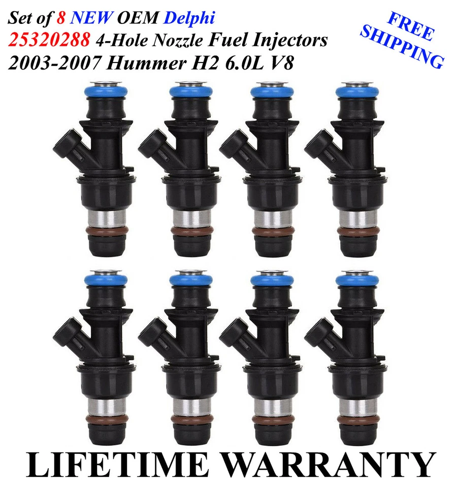 Set of 8 NEW 4-Hole OEM Delphi Fuel Injectors For 2003-2007 Hummer H2 6.0L V8 - Image 1 of 1