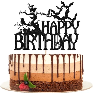 Halloween Feliz Cumpleaños Pastel Topper Espeluznante Casa Embrujada Negro Brillo - Imagen 1 de 6