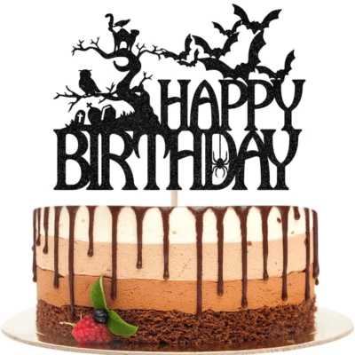 Halloween Feliz Cumpleaños Pastel Topper Espeluznante Casa Embrujada Negro Brillo Foto 1 de 4