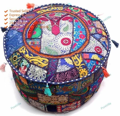 Indian Blue Floral Ottoman Pouf Cover Handmade Living Room Decor Foot Stool - Image 1 of 4
