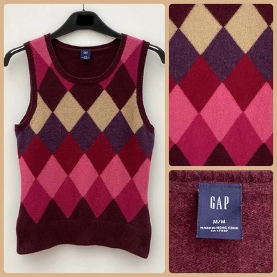Vintage GAP Knitted Harlequin Argyle Tank Vest Top M 8 10 Jumper Xmas Burgundy - Image 1 of 4