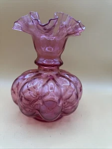 Fenton Cranberry Glass Diamond Optic Vase w/ Double Crimped Top 7 1/2" Tall - Picture 1 of 7