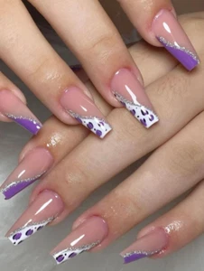 24PCS PURPLE FRENCH MANICURE WITH WHITE SPOTS SHIMMERING LINES PRESS ON NAILS - Picture 1 of 4