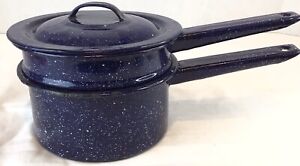 Enamelware Double Boiler Vintage Blue-Speckled Cookware 2 Pots W/Lids Farmhouse