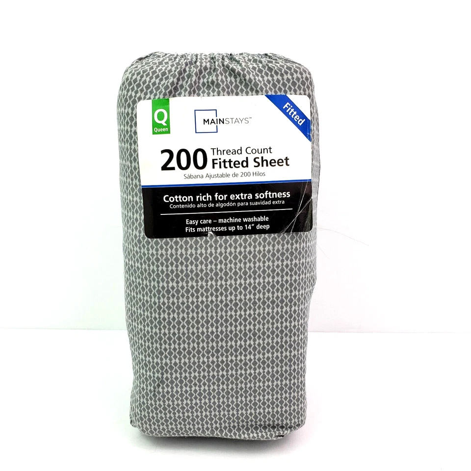 Mainstays Home Grey Geo Cotton 200 Thread Count Queen Fitted Sheet - Image 1 of 3