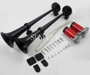 2x black 150db Truck Train Single Trumpet Air Horn Kit w DC 12V Compressor UK - Picture 1 of 5