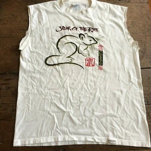 Camicia Vintage Crazy Hawaii Anno del Topo 1996 Maniche Tagliate Grafica Cinese - Foto 1 di 11