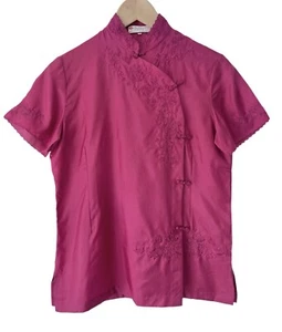 Vintage Pink Chinoiserie Blouse - Size 10 - Begonia Magenta Chinese Oriental Top - Picture 1 of 9