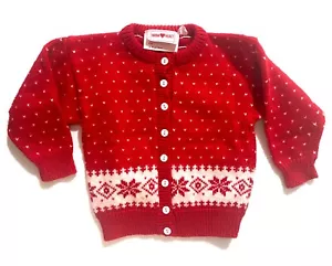 Fair isle Holiday Cardigan Sweater Red 100% Cotton HAND LOOMED USA 3T Christmas - Picture 1 of 6